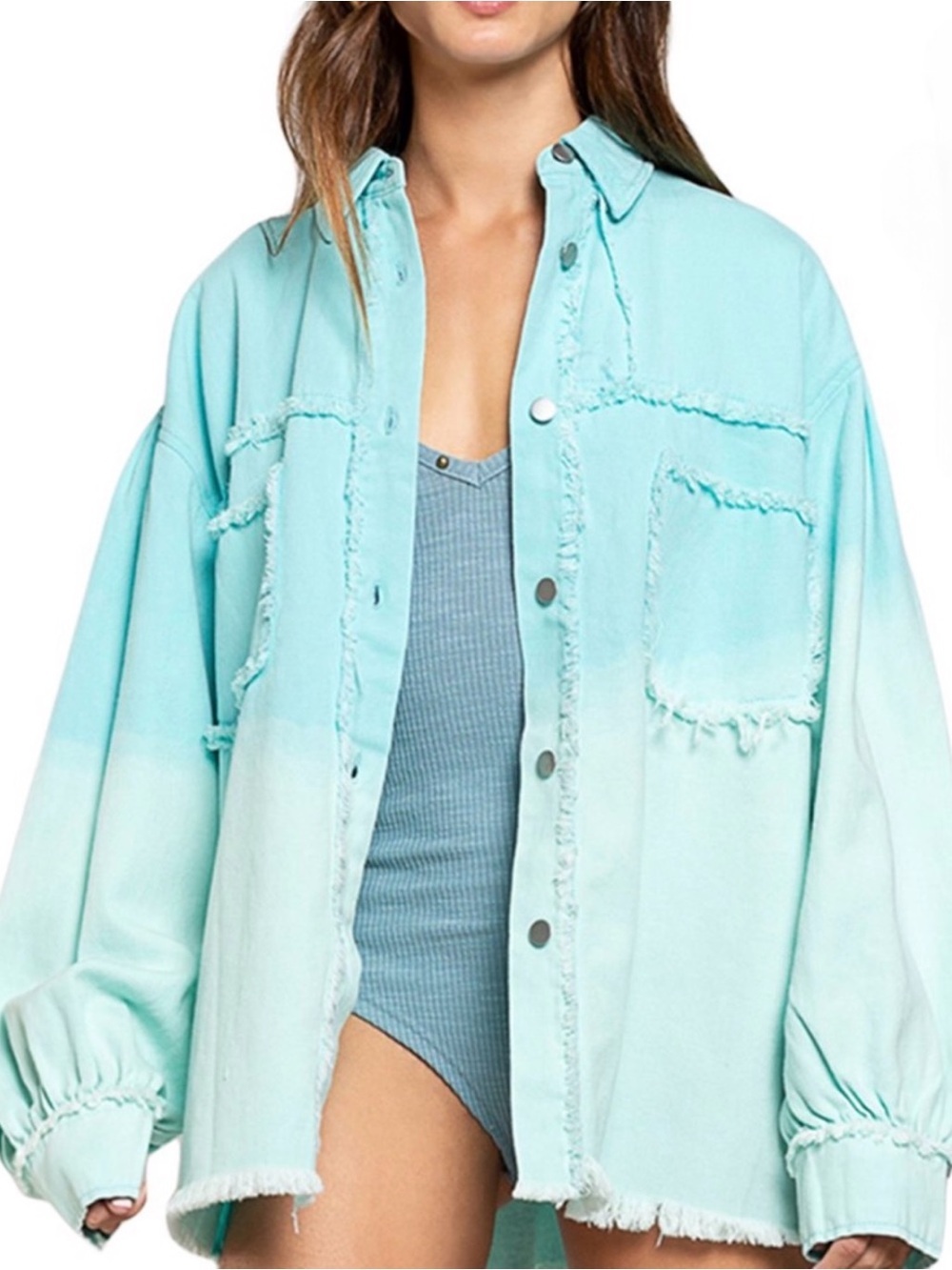 Anthropologie POL Gradient Raw Edge Turquoise Denim Shacket S